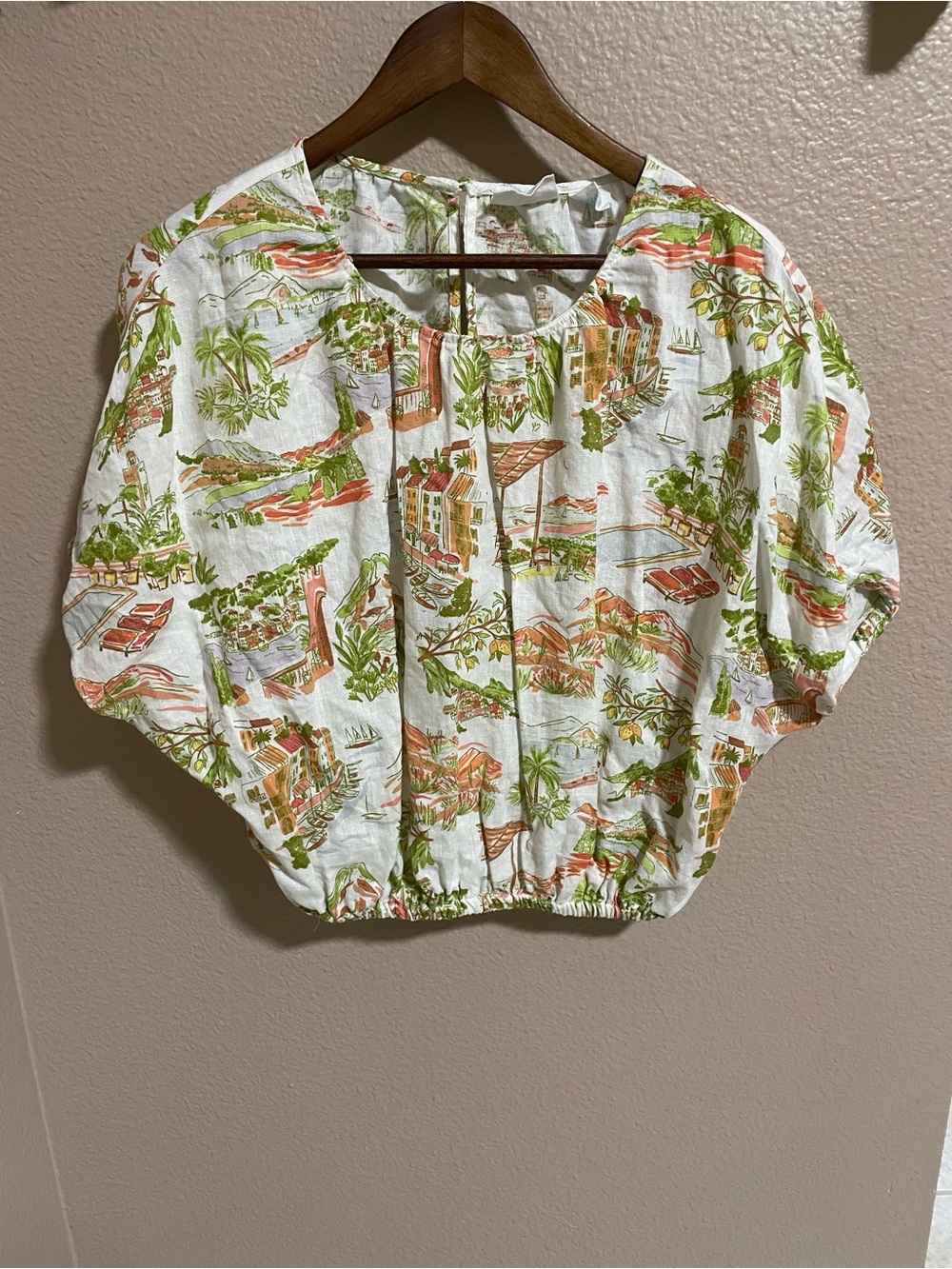 Cynthia Rowley linen Tropical Print Short Sleeve Cropped Blouse in White